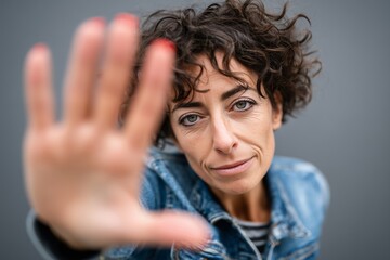 Confident woman in denim jacket looking directly at camera with hand raised in stop gesture against gray background