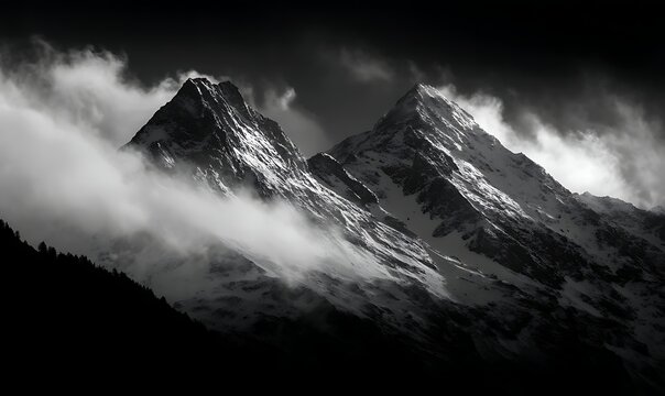 Majestic Mountain Silhouettes in Misty Light, A striking black and white image of towering mountain silhouettes, bathed in a soft, misty light.