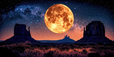 Naklejka premium Desert landscape at night with a large, vibrant orange moon and a starry sky