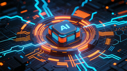 AI Processing Nexus – Futuristic Glowing Interface with High-Tech Digital Elements, Artificial Intelligence Background, No Text, Abstract Sci-Fi Visualization