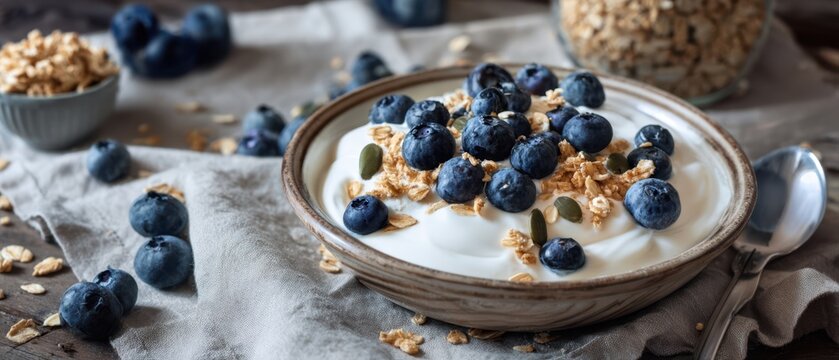 The delicious yogurt bowl topped with fresh blueberries and crunchy granola.
