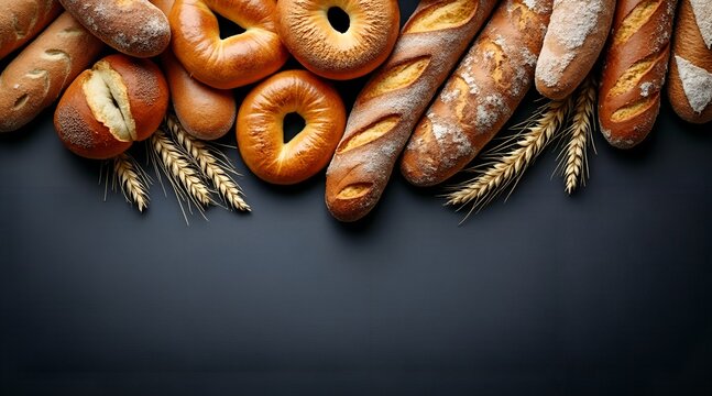 Freshly baked bread and bagels on a dark background