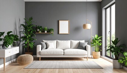 Modern living room interior with plants and a white sofa