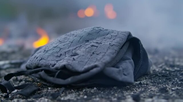 Charred bag amidst fire aftermath