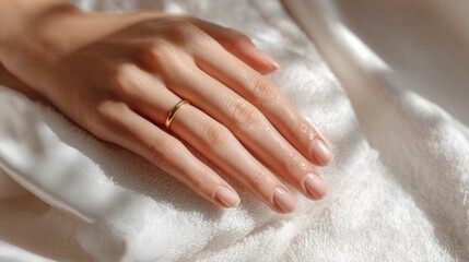 Delicate hand with ring resting on soft blanket in natural light  