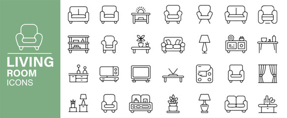 Clean Line Art Living Room Icons for Digital Design, Editable and Modern
