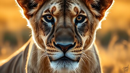 Fototapeta premium A lioness staring intently, capturing the raw beauty and intensity of wildlife in its natural habitat.