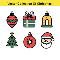 Vector art of a vector collection of christmas ornaments, a christmas tree, santa claus, and a gift isolated on white background