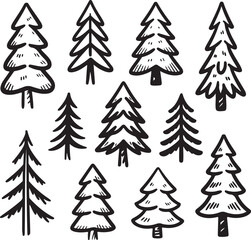 Fototapeta premium Hand Drawn Fir Tree Doodle Vector Set with Varied Pine Shapes and Forest Elements on White Background