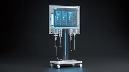 Futuristic medical IV drip stand with digital interface panel displaying vital signs and data, sleek design with transparent elements and glowing blue accents on wheels