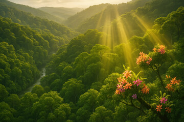 Lush Green Forest Canopy with Sunlight Streaming Through Trees | Vibrant Wildflowers and Rolling Hills