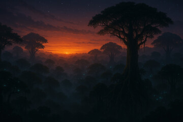 Silhouette of Trees Against Dramatic Orange and Purple Sunset Sky | Cinematic Lighting in Tropical Forest