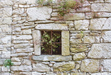 old stone wall with window and plants