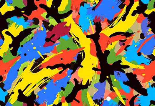 Abstract seamless camo pattern of vibrant paint splashes and brushstrokes,  vector,  modern