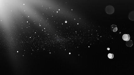 Illuminated floating particles shimmer in darkness, creating a soft, ethereal atmosphere of cosmic wonder.