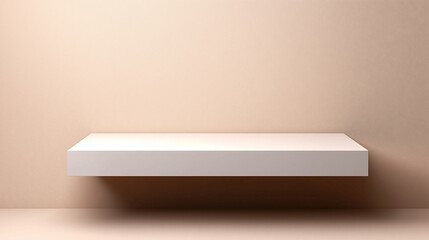 Floating white shelf with soft rim lighting on beige wall creates simple and elegant display space with subtle shadow for modern interior design and product presentation