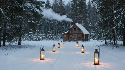 Cozy cabin in snowy forest with glowing lanterns (1) - Powered by Adobe