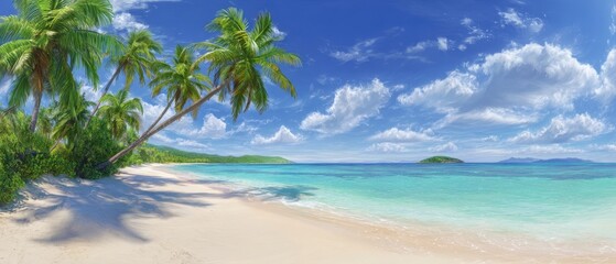 The tranquil beach with swaying palm trees and clear turquoise waters.