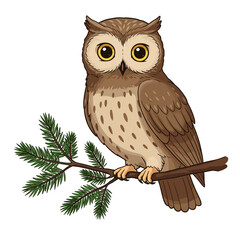 Cartoon owl perched on a branch with green pine needles  