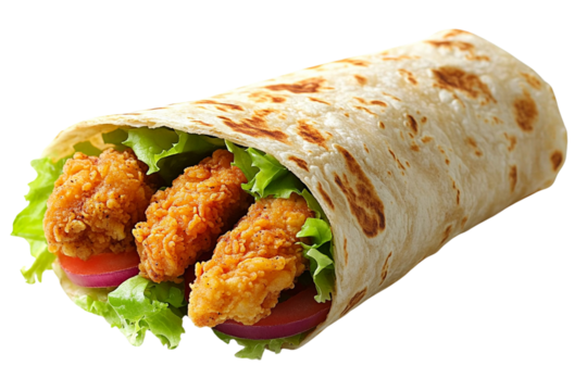 Crispy chicken wrap lettuce tomato onion delicious fast food meal