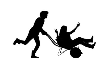 Silhouette of a Man Pushing a Woman in a Wheelbarrow, Suggests Playful Mishap