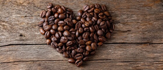 The heart-shaped arrangement of coffee beans on a rustic wooden surface.