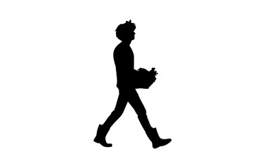 A strong silhouette of a person carrying a small flowering plant in a box vector.