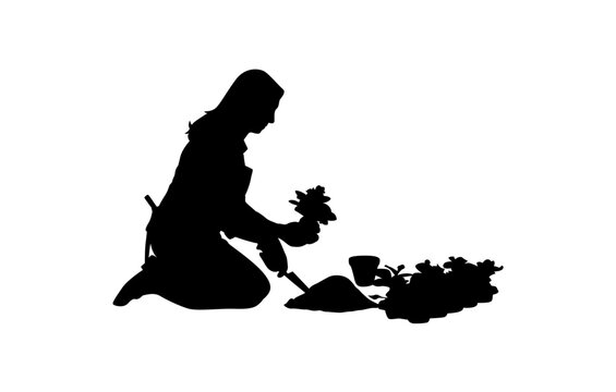 A simple, impactful silhouette of a woman kneeling and tending plants vector. - Powered by Adobe