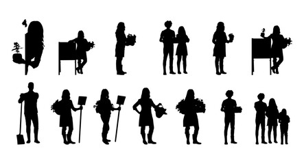This set of black silhouettes depicts a variety of people involved in different everyday activities, from studying and socializing to cleaning and gardening.