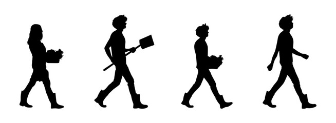Four black silhouettes of people walking in a row.