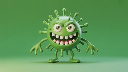 Animated Virus Monster: A whimsical yet menacing cartoon virus character, with a mischievous grin and spiky protrusions, rendered in vibrant detail against a clean backdrop.