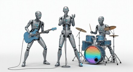 Futuristic robot band performing with musical instruments