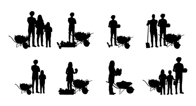 Set of 8 silhouette images of family gardening. - Powered by Adobe