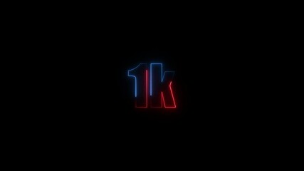 Abstract Neon Light 1K Letter Icon Animation on black background 4K Video ,Thank you for 1k followers online social banner happy celebration