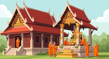 Buddhist monks perform a ceremony at a traditional Lao temple, offering flowers and paying respects.