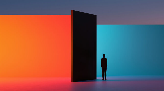 Single person stands near large black door dividing vibrant orange and blue gradient background, evoking sense of mystery and contemplation in minimalistic space