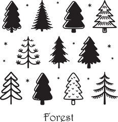 Obraz premium Hand Drawn Fir Tree Doodle Vector Set with Varied Pine Shapes and Forest Elements on White Background