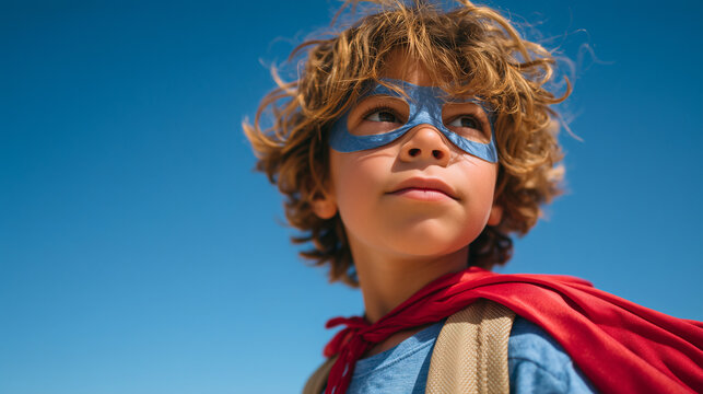 Child in superhero mask and red cape against clear sky