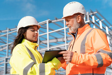 Two construction workers discuss plans on a site while wearing safety gear and reviewing documents