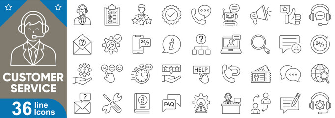 Customer service line icons set. Editable stroke symbols of support, feedback, helpdesk, call center, chat, user guide, rating, complaint, assistance tools, and more. Vector illustration