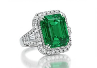 Exquisite emerald and diamond halo ring in white gold
