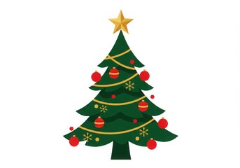 Stylized green christmas tree with red ornaments and golden star