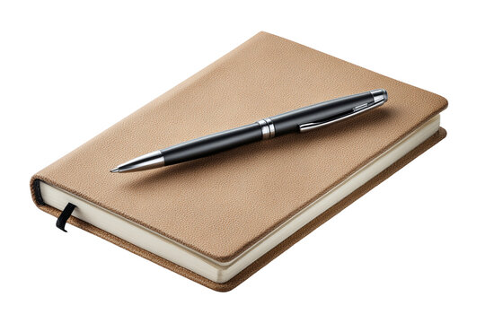 Tan notebook and black pen ready for writing or note taking
