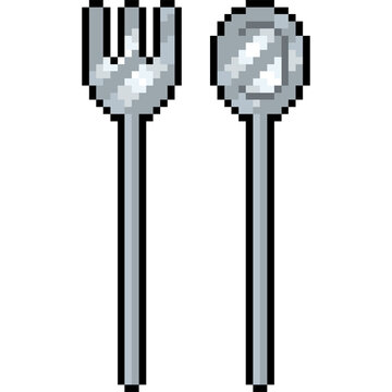 Pixel art silver spoon and fork, spoon and fork icon pixel style
