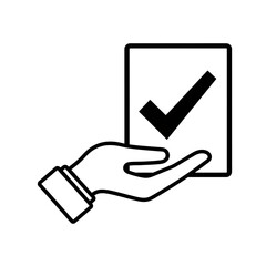Hand Holding Document with Check Mark Icon in Black and White.