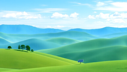 Green Energy Landscape: Solar panel in idyllic green hills, representing sustainable energy and environmental responsibility. 