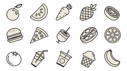 A  collection of thin line vector illustration icons in black different food-related concepts, such as burgers, fruits, drinks, meals, easily editable and scalable.