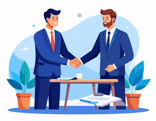 Two Businessmen in Suits Shake Hands Sealing a Deal at Light Blue Table with Potted Plants on White Background in a Flat Vector Style Illustration