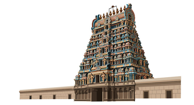 Ornate South Indian temple structure, detailed facade, and tiered gopuram.
