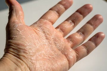 Fototapeta premium Extreme close-up of dry, cracked human hand with flaking skin, displaying untreated skin texture, discomfort, and effects of severe dehydration